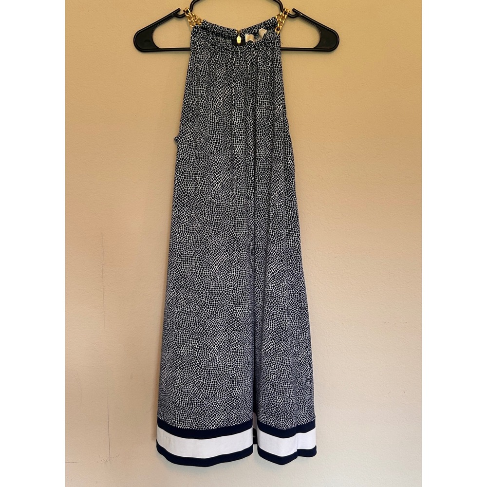 Michael Kors Chain Halter Dress Geometric Print Navy White Border Small
